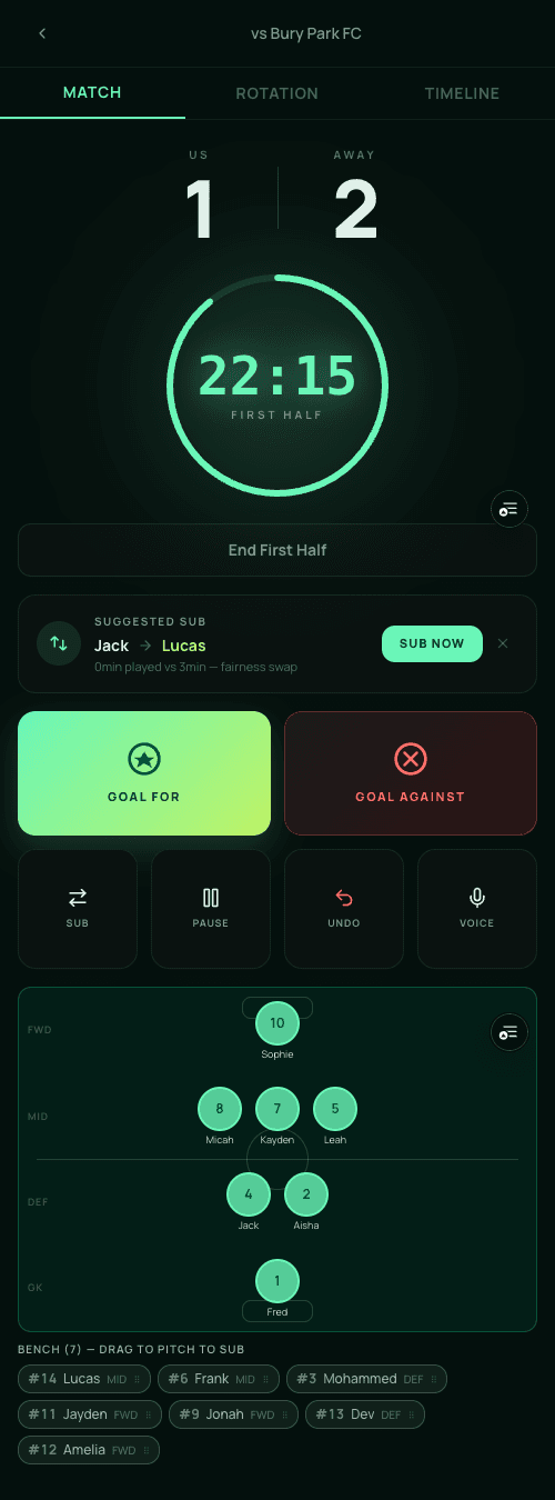 Even Stevens live match screen showing score, timer, and substitution controls